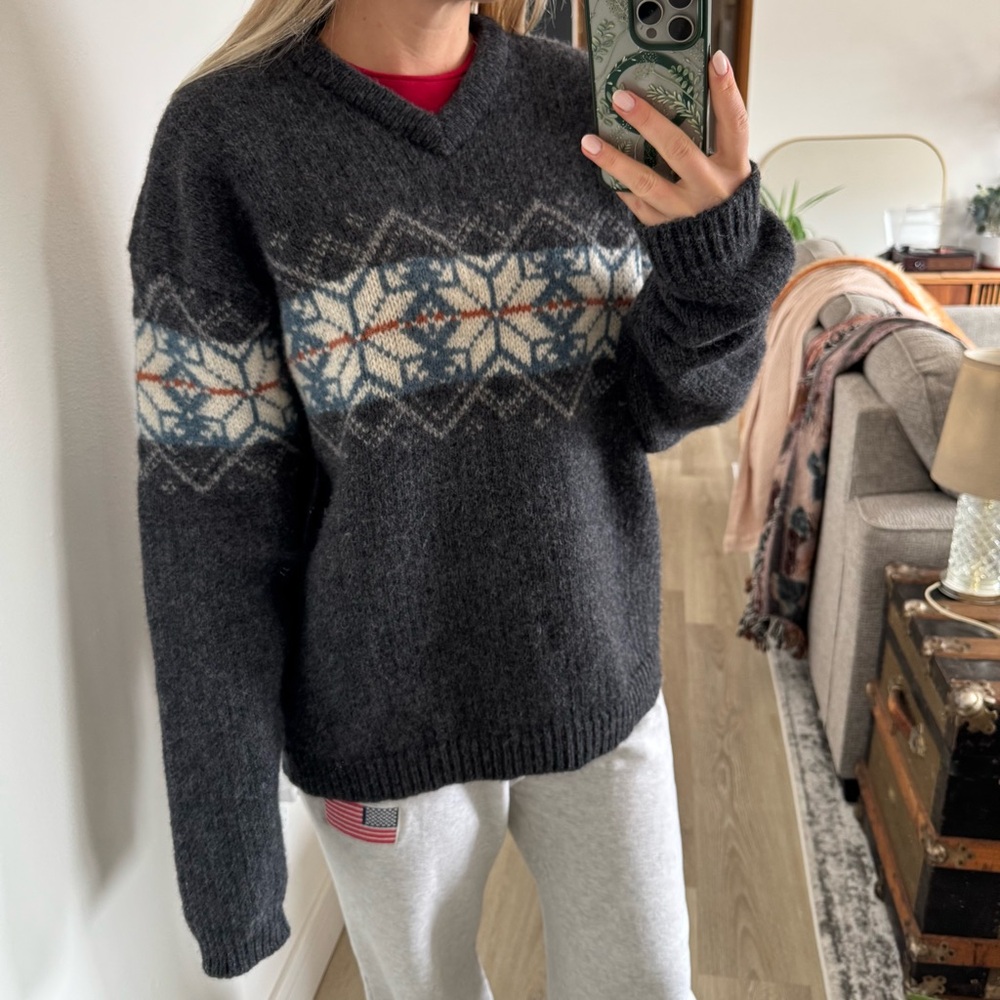 Northcrest Charcoal Fair Isle V-Neck Sweater with Cream & Blue Pattern